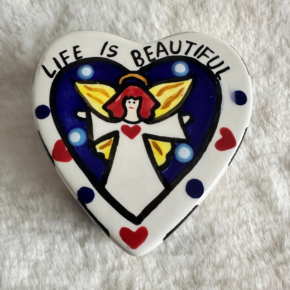 Heart Shaped Small Trinket Box Ceramic Life Is Beautiful Angel Gift‎ Decor